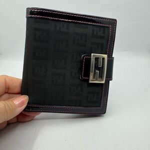 Fendi Bifold Black Wallet with Pink Stitching and Silver Buckle 22568